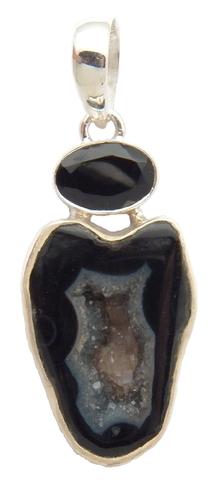 photo of black agate geode and 925 sterling silver pendant with tourmalated quartz and faceted black onyx