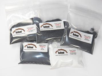 photo of single use grit kit five steps including extra coarse 46/70, coarse 60/90, medium 150/220, fine 400 silicon carbide grits and aluminum oxide alumina polish and grit saver slurry thickener